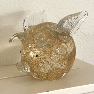 Vintage Vinci Italian Art Glass Flying Pig Paperweight Hand Fused Dynasty Gold